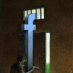Isolation: cartoon of a prisoner using a large Facebook 'f' logo shaped periscope to look outside through a barred window, despite the perisope being attached to an unlocked door they could use to escape outside
